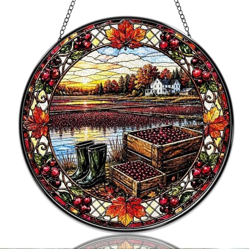 9.84 Inch Stained Glass Window Hanging Autumn Harvest Cranberry Field Landscape Sun Catchers Rustic Farmhouse Fall Scene Suncatchers for Home Porch Garden Indoor & Outdoor Decor by Unknown