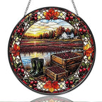 9.84 Inch Stained Glass Window Hanging Autumn Harvest Cranberry Field Landscape Sun Catchers Rustic Farmhouse Fall Scene Suncatchers for Home Porch Garden Indoor & Outdoor Decor by Unknown