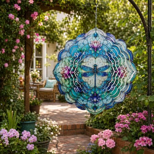 Shwing 12 Inch Dragonfly Wind Spinner Lotus Flower Hanging Decor Blue Purple Mandala Metal Ornament Outdoor Kinetic Garden Art 3D Wind Spinner for Patio Porch Backyard Decoration - Image 4
