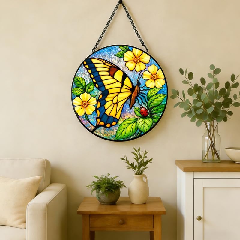 Stained Glass Window Hanging Suncatcher 11.8 in Butterfly and Yellow Flower Colorful Glass Panel Sun Catcher for Window,Bright Nature Window Hanging Decor for Home,Housewarming Gift - Image 5