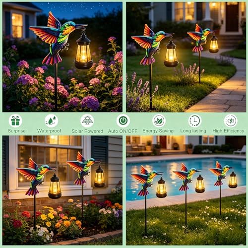 2 Pack Hummingbird Solar Garden lights Outdoor Waterproof, Gifts for Women Mom Grandma Daughter, Stake lights with Solar Lantern, Hanging Solar Lights, Solar Path Light Yard Outside Patio Garden Decor - Image 5