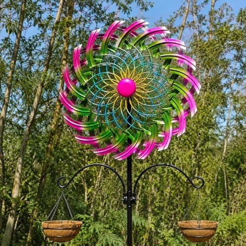 Large Metal Wind Spinner Outdoor, 96'' Adjustable Height with 24'' Sickle Blades, Water Ripple Motion & Smooth 360° Rotation, Weatherproof Garden Decor for Patio Lawn Backyard (Red&Blue) - Image 3