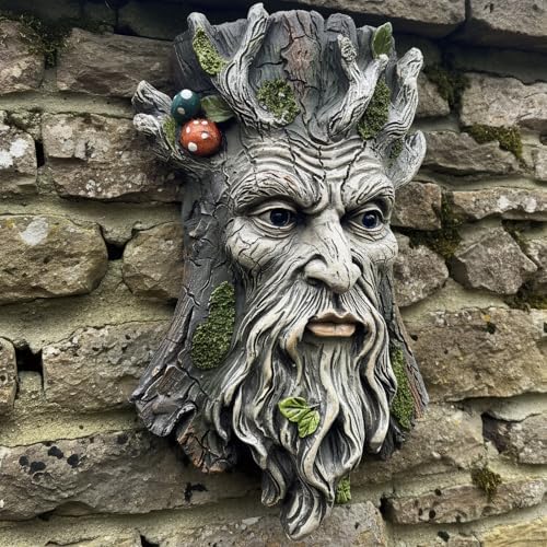 Old Man Tree Face Hugger Outdoor Decor, Handmade Tree Art Resin Statue with Foliage & Mushroom Details, Whimsical Hanging Yard Art for Garden Wall Fence - Image 4