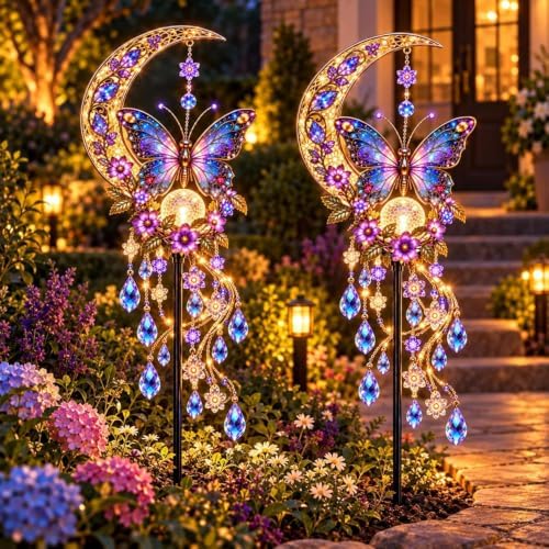 Moon Butterfly Garden Stake Light with Crystal Pendant，#B 2PCS by Unknown
