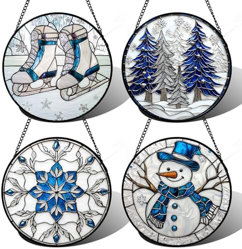 DASTOLL Stained Glass Window Hanging 4 Pcs Set White Winter Christmas Snow Scene 6.3" - Suncatcher Door Garden Sun Catcher Decor Birthday for Mom Woman Nana Men Friend Wife by DASTOLL