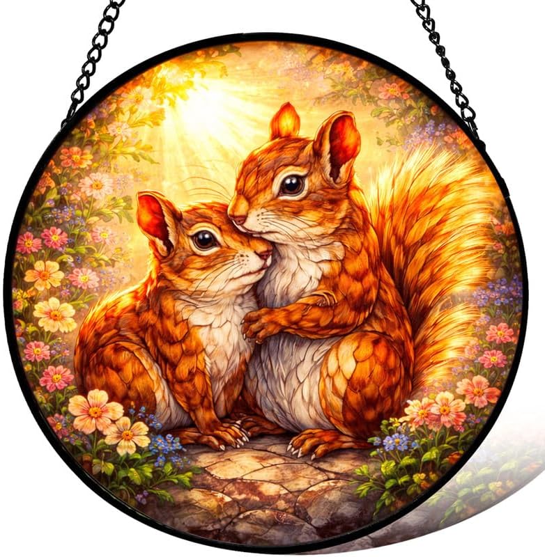 Stained Glass Window Hanging，Adorable Squirrels 11.8in Sun Catchers Indoor Window, Home Decor Inside and Outside the Cottage, Unique Gifts for Women by Unknown
