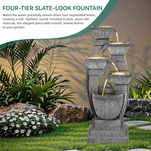 40.5" Outdoor Fountain LED 4-Bowl Cascading Waterfall, Gray - Image 2