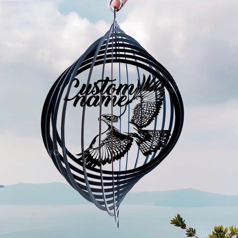 Personalized Hawk Metal Wind Spinner, Custom Bird of Prey Hanging Yard Art, Wildlife Outdoor Decor (Hawk Garden Wind Spinner) by Linktee