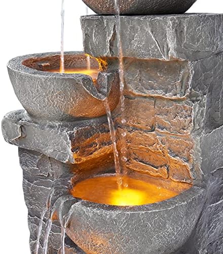 Teamson Home 33.25 in. Cascading Bowls and Stacked Stones LED Outdoor Water Fountain for Gardens, Landscaping, Patios, Balconies, and Lawns for a Calming Oasis in Outdoor Living Spaces, Stone Gray - Image 6