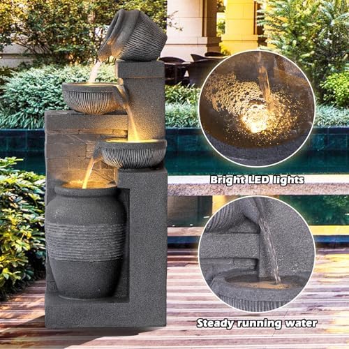 Grepatio Outdoor 4-Tiers Water Fountain, Garden Cascading Waterfalls Fountain with LED Lights, 32" H Modern Indoor/Outdoor Bowl Waterfall Feature Water Fountains for Garden, Patio, Yard Decor (Grey) - Image 5