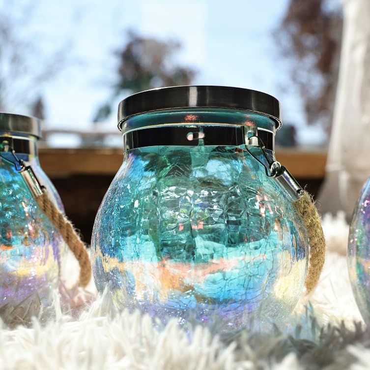 Cooo 12 Pack Upgraded Crystal Glass Solar Mason Jar Lights and 2 Pack Heavy Iridescent Crackle Glass Solar Lantern - Image 7