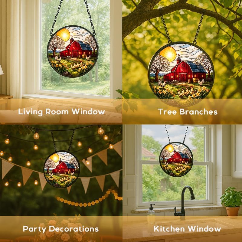 Stained Glass Window Hanging，Barn & Chickens 11.8in Sun Catchers Indoor Window, Home Decor Inside and Outside the Cottage, Gifts for Women - Image 5