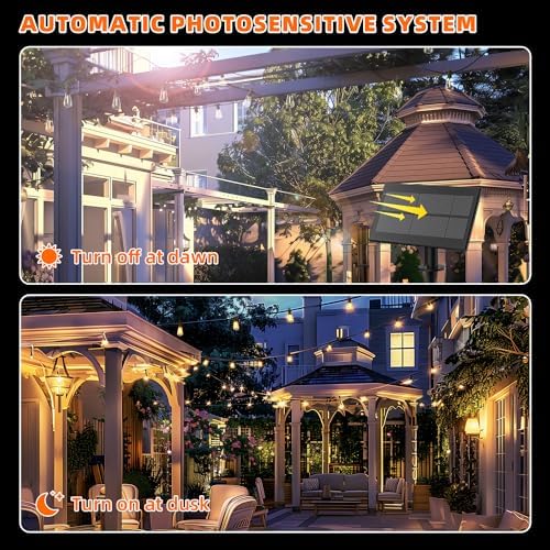 Kawaya Solar Powered String Lights for Outside: 100 FT LED Outdoor Patio Lights with USB-Charging - IP65 Waterproof Hanging Light - 50+2 Shatterproof Edison Bulbs for Bistro Cafe Camp Yard Balcony - Image 2