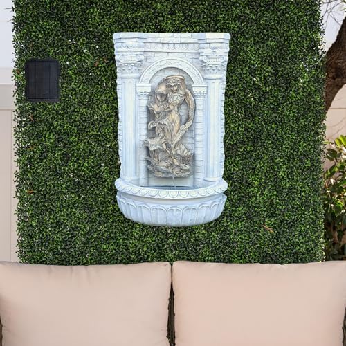 XBrand 30.3" Solar Outdoor Wall Water Fountain with Gold Flower Maiden Statue, Cascading Antique Stone Design, Garden & Patio Waterfall Feature, Polyresin Construction, Cream White - Image 2