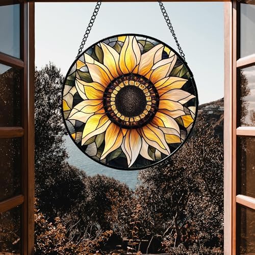 Retro Sunflower Stained Glass Window Hanging Suncatcher Gifts for Mom 15" - Image 5