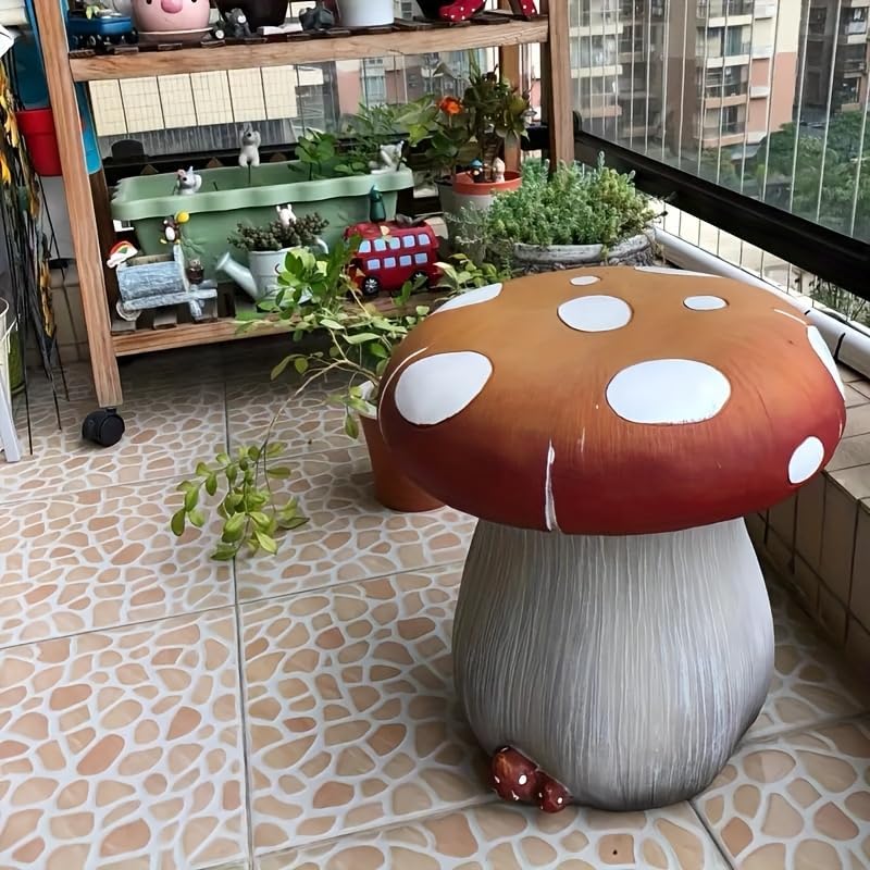 13.4" Outdoor Mushroom Ottoman with Rabbit Carvings by Unknown