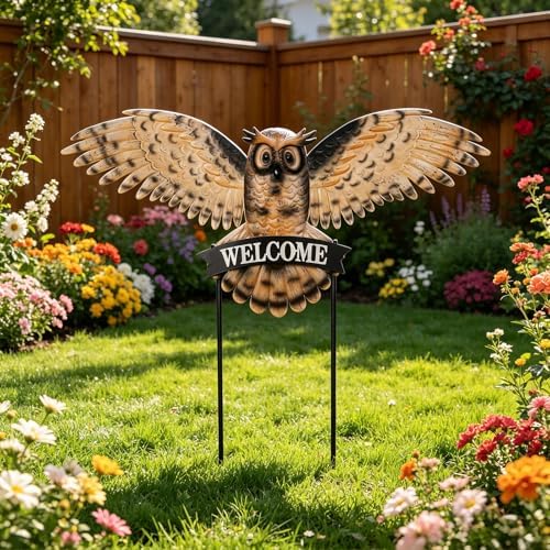 Large Vintage Owl Decorative Garden Stakes with Welcome Sign - Image 2
