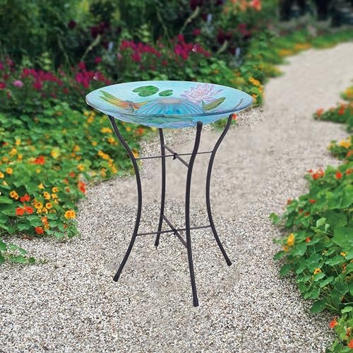 Teamson Home Handpainted Dragonfly Fusion Glass Solar Birdbath Bowl Feeder with LED Light for Outdoor Patio Garden Backyard Decking Decor, 21 Inch Height, Light Blue - Image 2