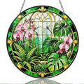 9.84 Inch Stained Glass Window Hanging Tropical Orchid Dragonfly Botanical Green Leaves Sun Catchers Nature Garden Floral Art Suncatchers for Home Porch Garden Indoor & Outdoor Decor by Unknown
