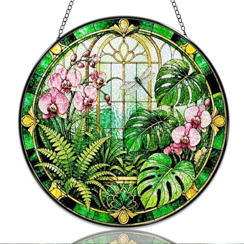 9.84 Inch Stained Glass Window Hanging Tropical Orchid Dragonfly Botanical Green Leaves Sun Catchers Nature Garden Floral Art Suncatchers for Home Porch Garden Indoor & Outdoor Decor by Unknown