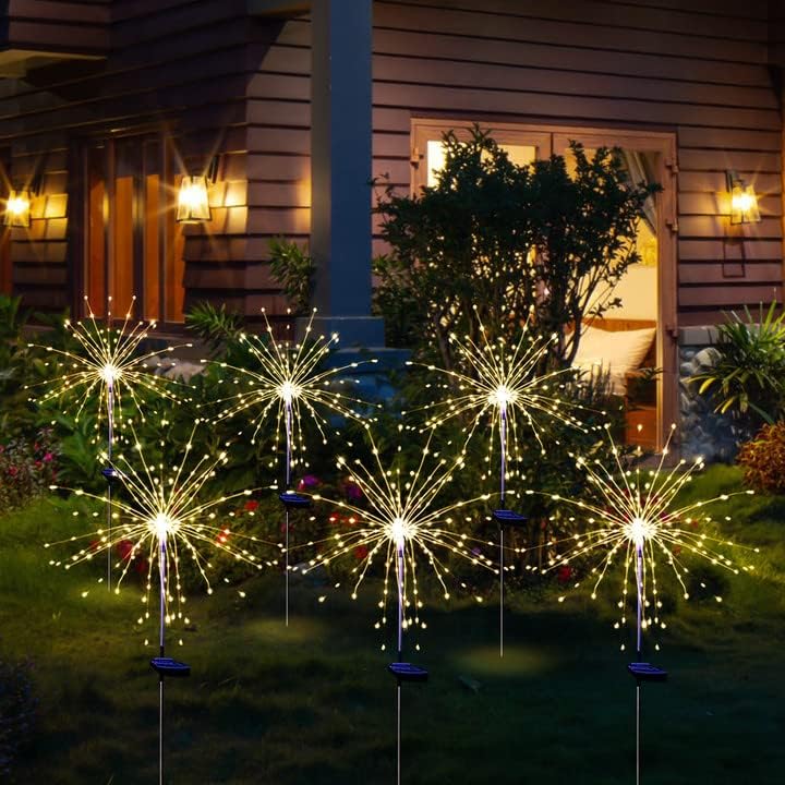 Christmas Solar Garden Firework Lights Outdoor Waterproof 6 Pack Solar Powered Art Stake Twinkle Lighting for Outside Decor, 120 LED Warm White - Image 2