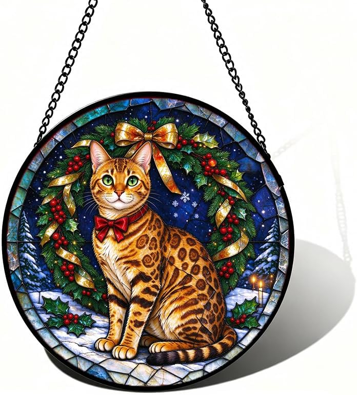 Stained Glass Window Hanging Bengal Cat Suncatcher Gifts for Wife 9.8" by Unknown