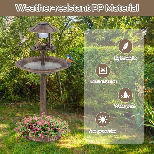 LDAILY Outdoor Bird Bath, 42’’ Solar Lighted Pedestal Birdbaths with Birds Feeder ,20’’ Water Bowl, Flower Planters and 3 Stakes, Attract Birds Antique Bird Bath for Outside Garden, Yard (Bronze, 42‘’) - Image 5