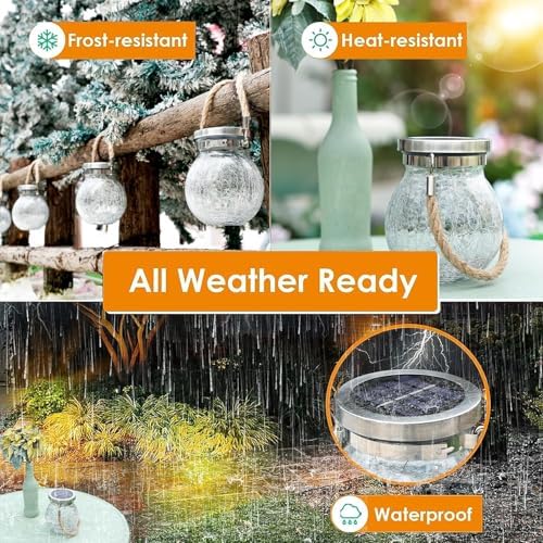 Cooo 4 Pack Gifts for Him Her Solar Lanterns Outdoor Waterproof Heavy Crackle Glass 30 LED Warm Firefly Lights Solar for Women Mom Grandma Outdoor Table Lamps Garden Yard Decor - Image 3
