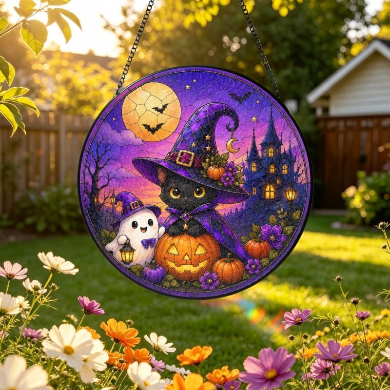 Halloween Window Hanging Suncatcher, Black Witch Cat Pumpkin Stained Glass Art Jack‑O‑Lantern, Spooky Cute Gothic Witchy Home Wall Ornament Fall Sun Catcher for Cat 11.81" - Image 7