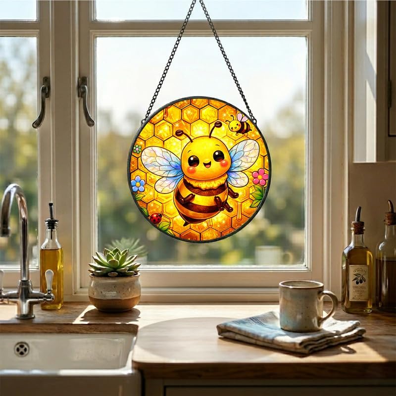 Stained Glass Window Hanging - 11.8" Cute Honey Bee and Honeycomb Suncatcher Glass Panel, Home Decorative Hanging Ornament for Kitchen or Garden, Ideal Gift for Mother, Wife or Women - Image 4
