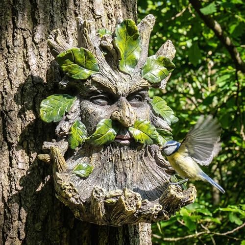 10.3" Whimsical Tree Face Sculpture, Garden Peeker Statue, Outdoor Trunk Tree Huggers Art, Landscape Accent Ornament, Hanging Fairy Elve Figurine for Yard Art, Feeder Decor Wall Mounted Statue - Image 3