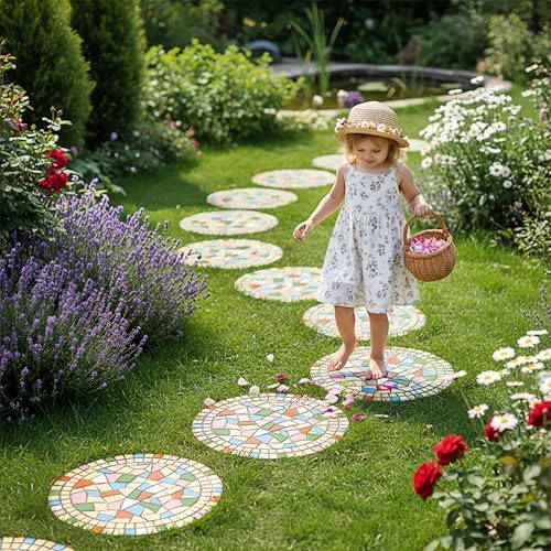 Outdoor Circular Mosaic Anti Slip Stepping Stones, Beige 12“ - Image 4
