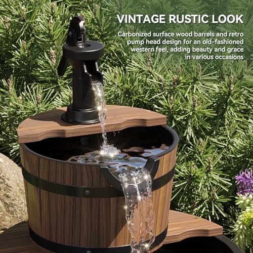 Aoxun 2-Tier Outdoor Water Fountain, Wood Barrel Cascading with Electric Decorative Hand Pump, Rustic Waterfall Fountain for Garden, Backyard, Patio, Porch, Yard - Image 3