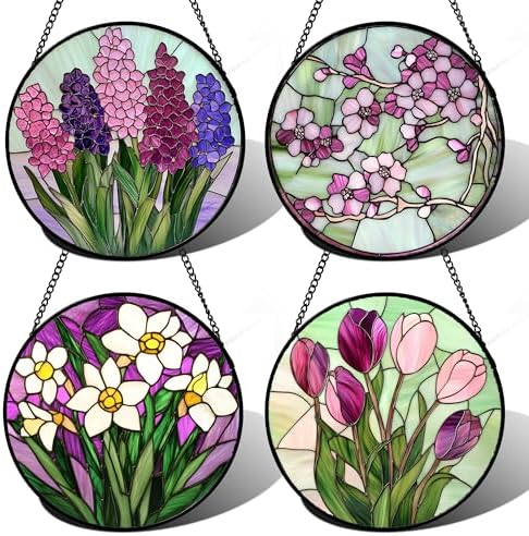 Stained Glass Window Hanging 4 Pcs Set Tulips Plum Flower Daffodils Hyacinths Large 11.8" - Suncatcher Door Garden Sun Catcher Decor Birthday Mother's Day for Mom Woman Nana by amderven