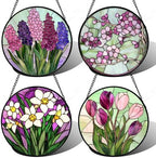 Stained Glass Window Hanging 4 Pcs Set Tulips Plum Flower Daffodils Hyacinths Large 15" - Suncatcher Door Garden Sun Catcher Decor Birthday Mother's Day for Mom Woman Nana by amderven