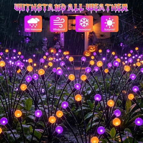 VOOKRY 6 Pack Halloween Decorations Outdoor, 36 LED Solar Firefly Lights Outdoor Waterproof Swaying Scary Solar Halloween Lights for Yard Garden Pathway Lawn Party Decor, Orange & Purple - Image 4