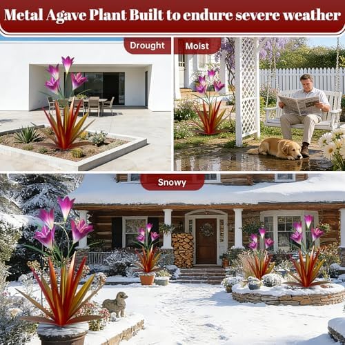TOMBABY 32.28 Inch Metal Agave Plant Outdoor Decoration Lily Mexican Yard Art Garden Gift Home Decor Hand Painted Metal Agave Garden Yard Statue (2pc, Red) - Image 4