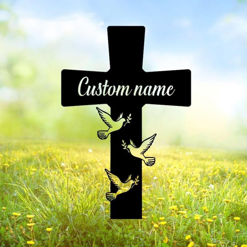 DINOMAN Personalized Memorial Plaques for Outdoors Dove Mom Dad Cross Grave Marker Metal Garden Stakes Mom Dad Memorial Gifts Sympathy Gifts for Loss of Loved One (Dove 1) - Image 3