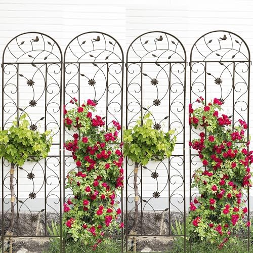 4 Pack Metal Garden Trellis 86.7" Tall Outdoor Climbing Plant Support for Roses, Flowers, Rustproof Durable Brown Galvanized Tube, Lawn Garden Fence Decor Screen (4, Retro-86.7" H) by Sybrioka