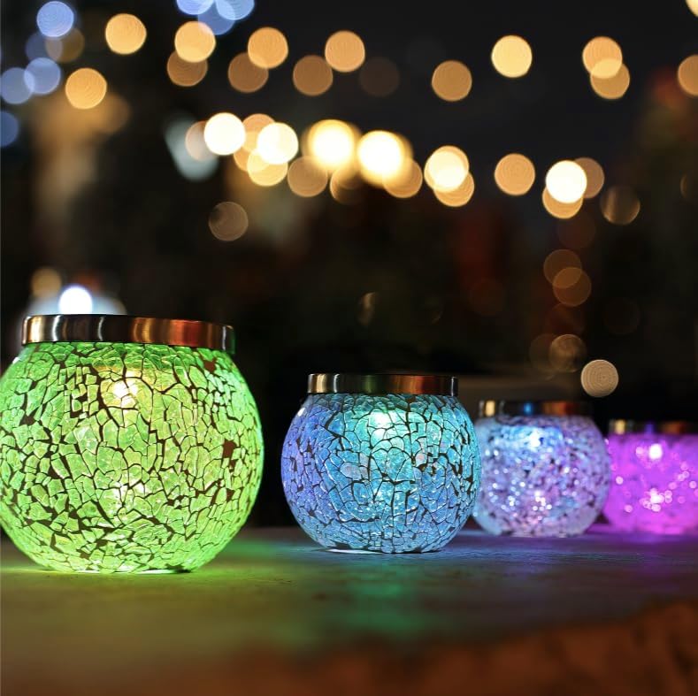 Cooo 2 Pack Gift for her him Heavy Solar Mosaic Crackle Glass Lights with Dual Solar Panels, Color-Changing RGB Lantern, Exclusive Dazzling Glass, Waterproof Outdoor Table Lamps Garden Lamp by Cooo