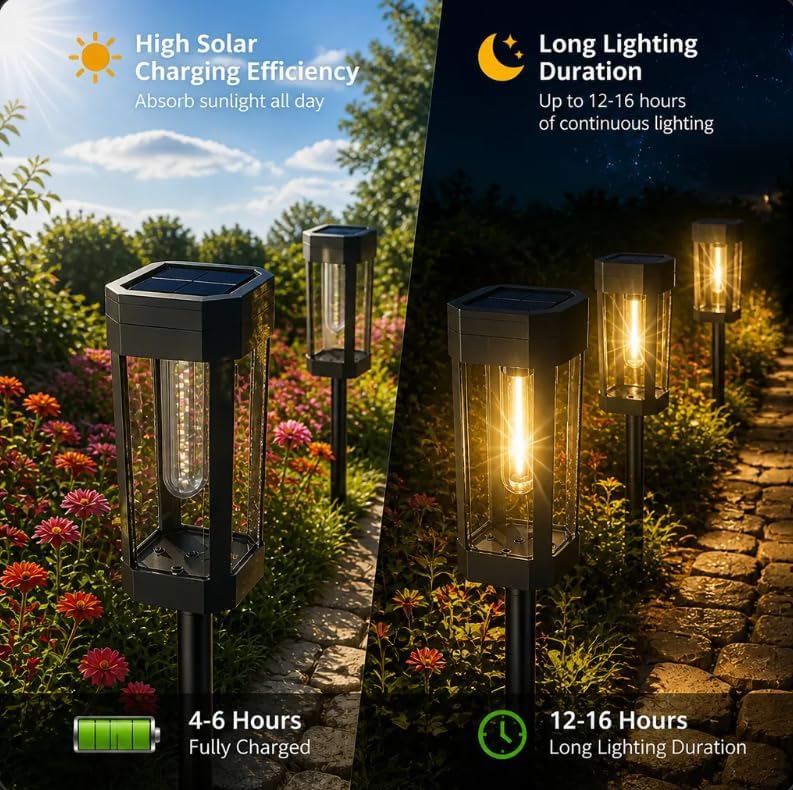 Solar Pathway Lights Outdoor, 8 Pack Tungsten Filament Solar Lights, 3 Modes Auto On/Off, IP65 Waterproof, Dusk to Dawn Solar Garden Lights for Yard, Driveway, Lawn, Walkway & Landscape - Image 2