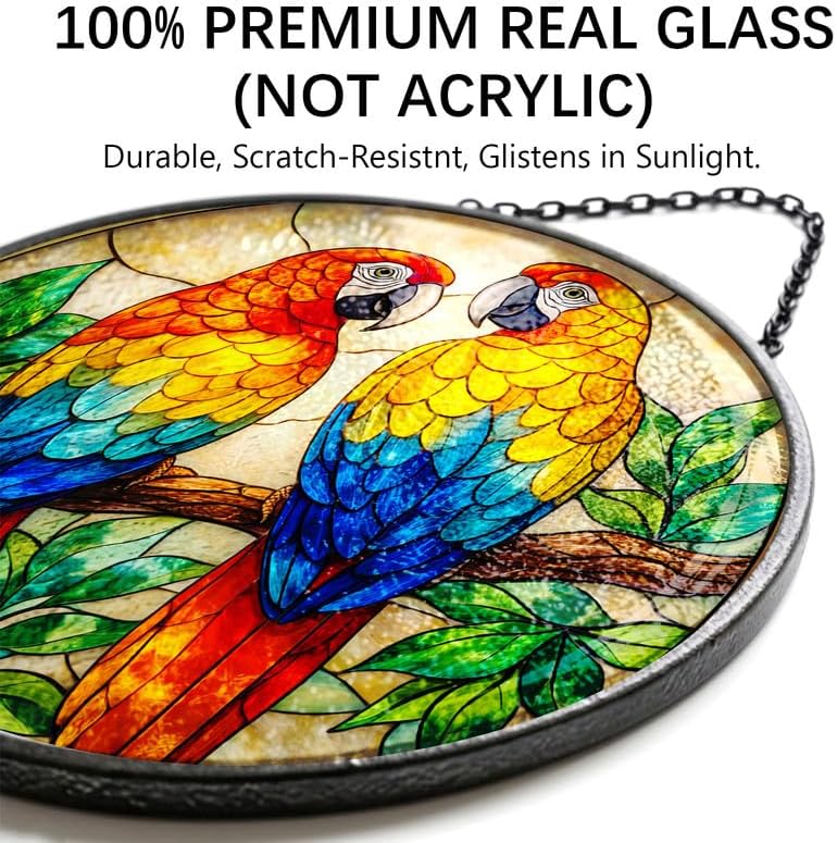 Stained Glass Window Hanging - 11.8" Colorful Macaw Parrots on Branch Suncatcher Glass Panel, Home Decorative Hanging Ornament for Kitchen or Garden, Ideal Gift for Mother, Wife or Women - Image 2