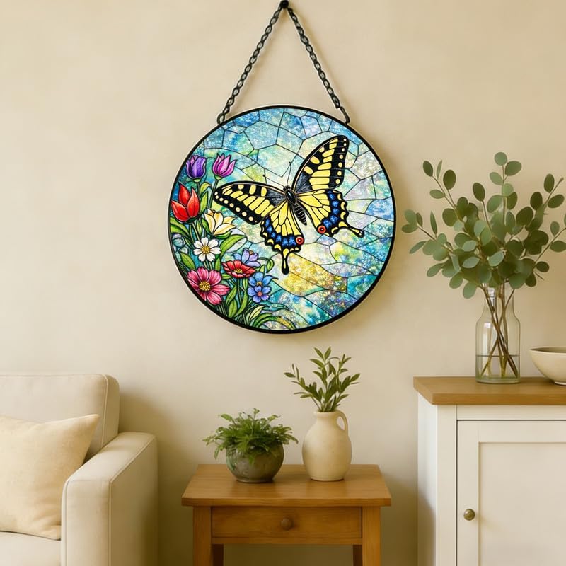 Stained Glass Window Hanging Suncatcher 11.8 in Butterfly and Wildflower Design Colorful Glass Panel Sun Catcher for Window,Window Hanging Decor for Home,Housewarming Gift - Image 5