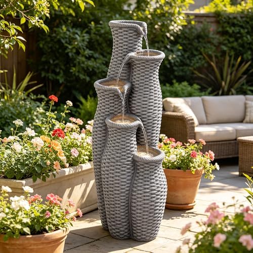 AUTODAYA 33" H Outdoor Water Fountain, 5-Tier Faux Rattan Vase Waterfall - Image 4
