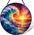 Stained Glass Window Hanging - 11.8" Ocean Wave and Sunset Suncatcher Glass Panel, Home Decorative Hanging Ornament for Kitchen or Garden, Ideal Gift for Mother, Wife or Women by Vexila