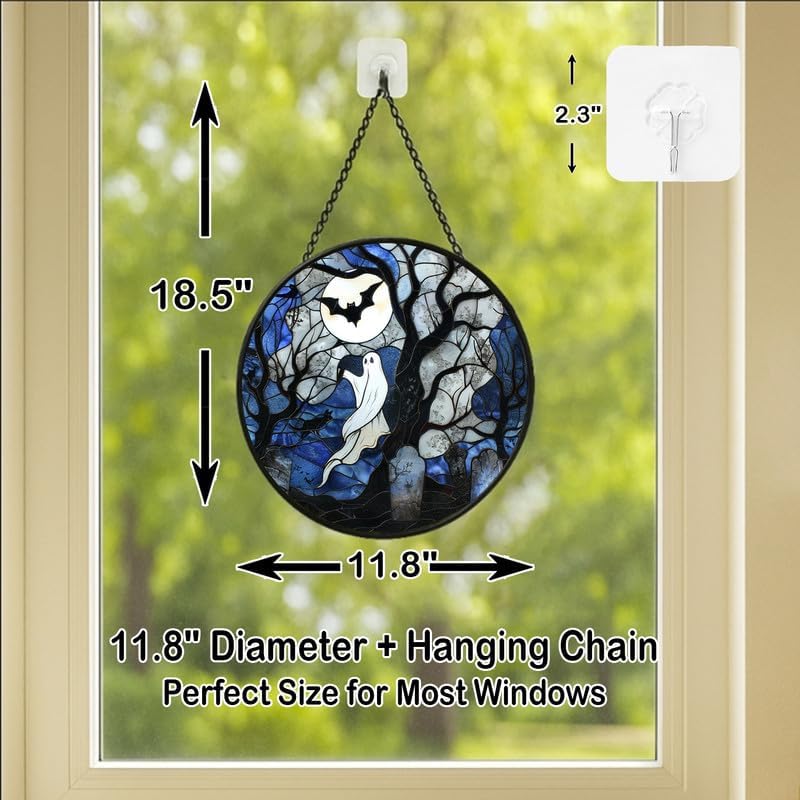 Stained Glass Window Hanging - 11.8in Spirits, Cat and Full Moon Graveyard Scene Sun Catchers Panel for Indoor Decorative Display for Mom, Wife, Lovers, Festive - Image 4