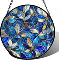 Stained Glass Window Hanging - Blue Gold Abstract Flowers Suncatcher for Door Terrace Garden Home Decor, Plant Sun Catcher Birthday Gifts for Lovers Women Men Dad Mom Nana 11.8 in by JOSUMALY