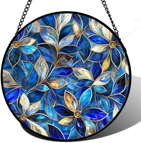 Stained Glass Window Hanging - Blue Gold Abstract Flowers Suncatcher for Door Terrace Garden Home Decor, Plant Sun Catcher Birthday Gifts for Lovers Women Men Dad Mom Nana 15 in by JOSUMALY