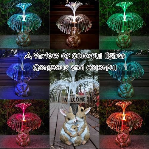 Solar Rabbit Garden Statues,Resin Rabbit Family Figurine with Welcome Card and 7-Color Changing Optical Fiber with Solar Lights, Lawn Decor Outdoor Statue for Patio,Balcony,Yard,Lawn - Image 4