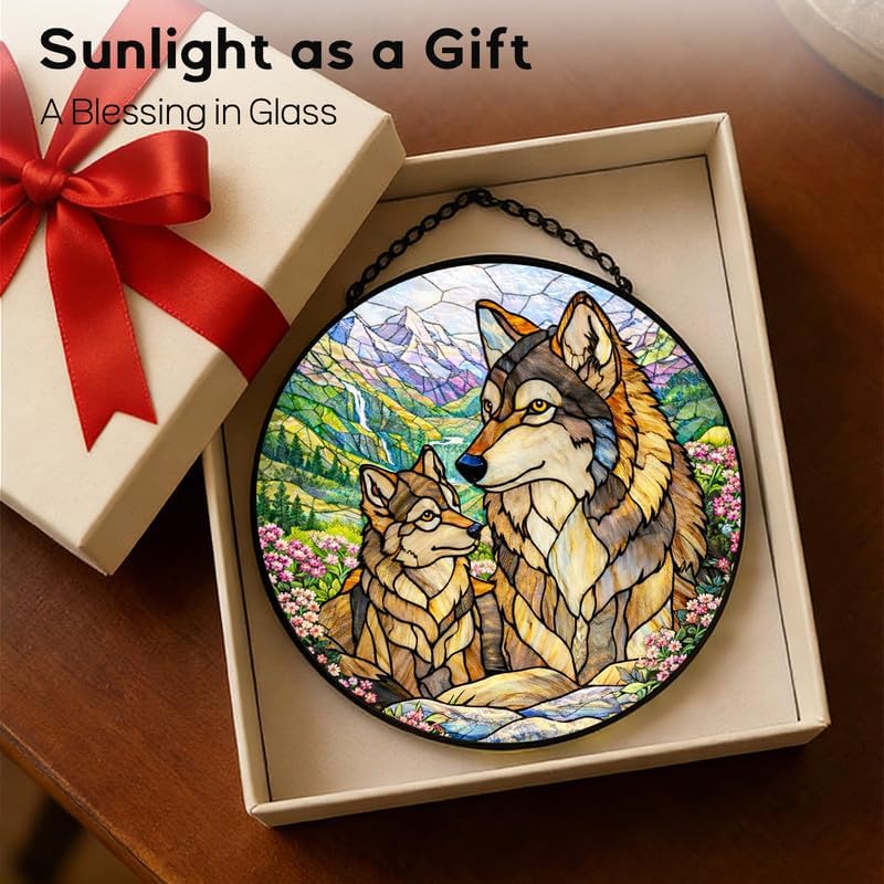Stained Glass Window Hanging Suncatcher 11.8 in Wolf Family Colorful Glass Panel Sun Catcher for Window,Nature Mountain Landscape Window Hanging Decor for Home,Housewarming Gift - Image 7
